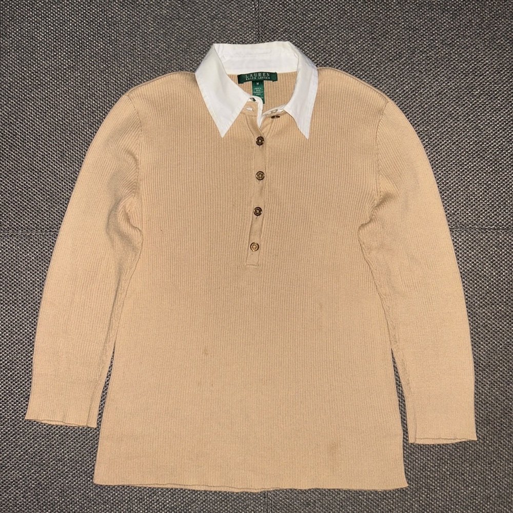 Vintage Ralph Lauren Women’s Tan Long Sleeve Polo Shirt Size Medium